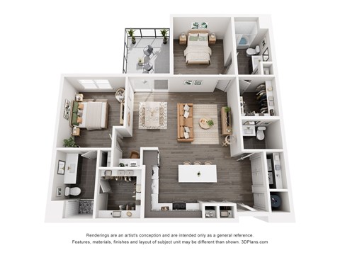 Floor plan for 2 beds, 2.5 baths, 1305 sqft